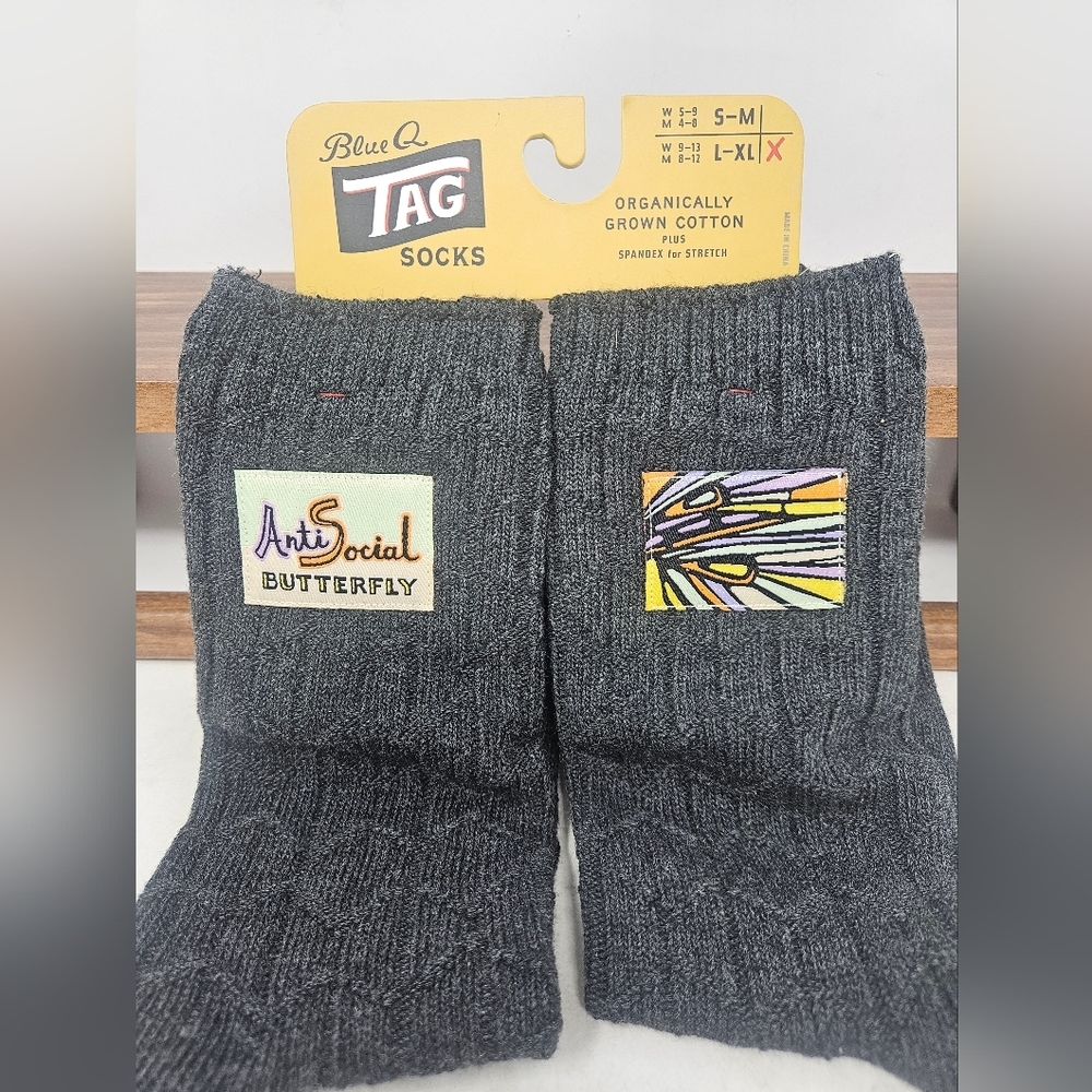 Blue Q tag socks " anti social butterfly"